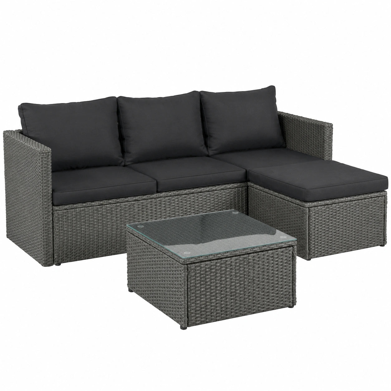 LC Garden Polyrattan Lounge-Set Grau für 4 Personen, Balkon- und Terrassenmöbel inkl. Tisch und Hocker