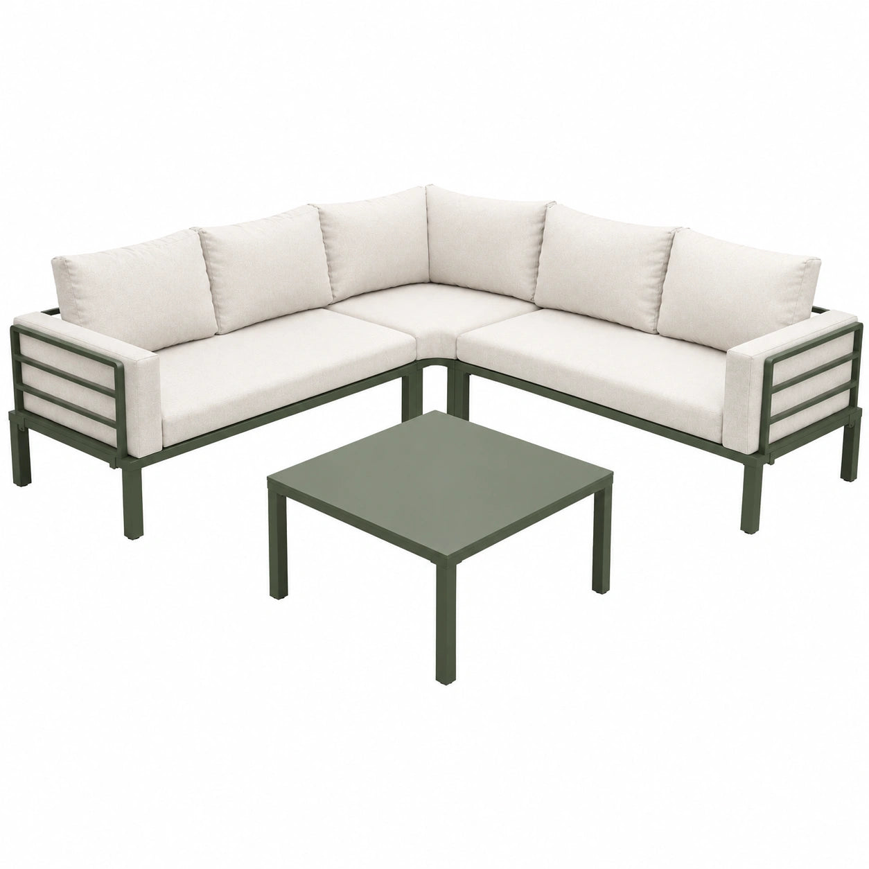 Garten-Lounge-Set für 4–5 Personen mit Ecksofa und Couchtisch, Outdoor-Möbel aus verzinktem Eisen, inklusive Polster und Kissen, Beige