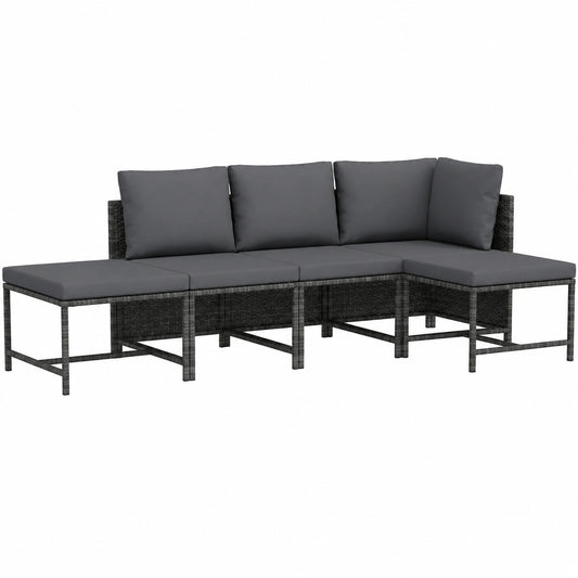 5-tlg. Poly Rattan Gartensofa-Set mit Kissen, Grau