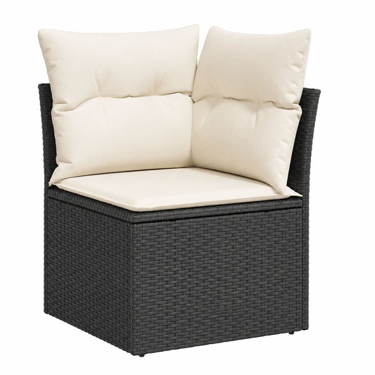 Gemütliches Gartenecksofa aus Poly Rattan mit Kissen, abnehmbare Bezüge, stabiler Stahlrahmen, Schwarz