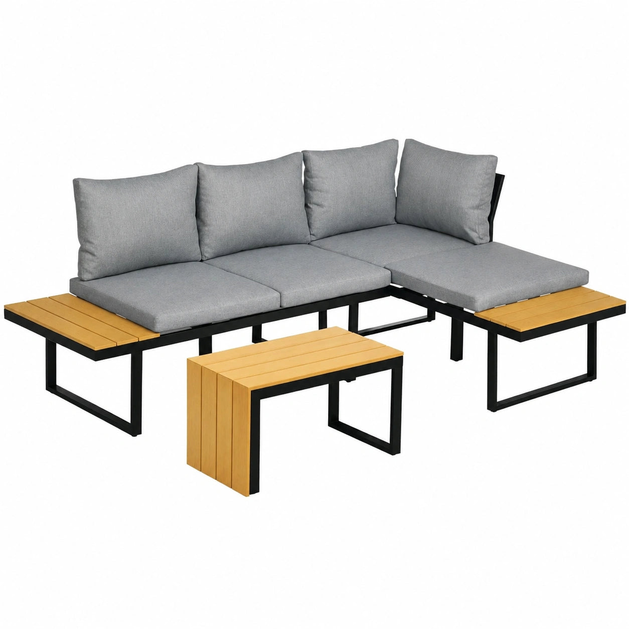 Outsunny Gartenmöbel-Set 3-teilig, Balkon- und Terrassenmöbel mit Polstern, Alu-Lounge-Set in Natur und Dunkelgrau