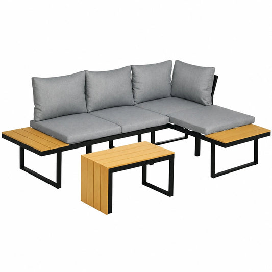 Outsunny Gartenmöbel-Set 3-teilig, Balkon- und Terrassenmöbel mit Polstern, Alu-Lounge-Set in Natur und Dunkelgrau