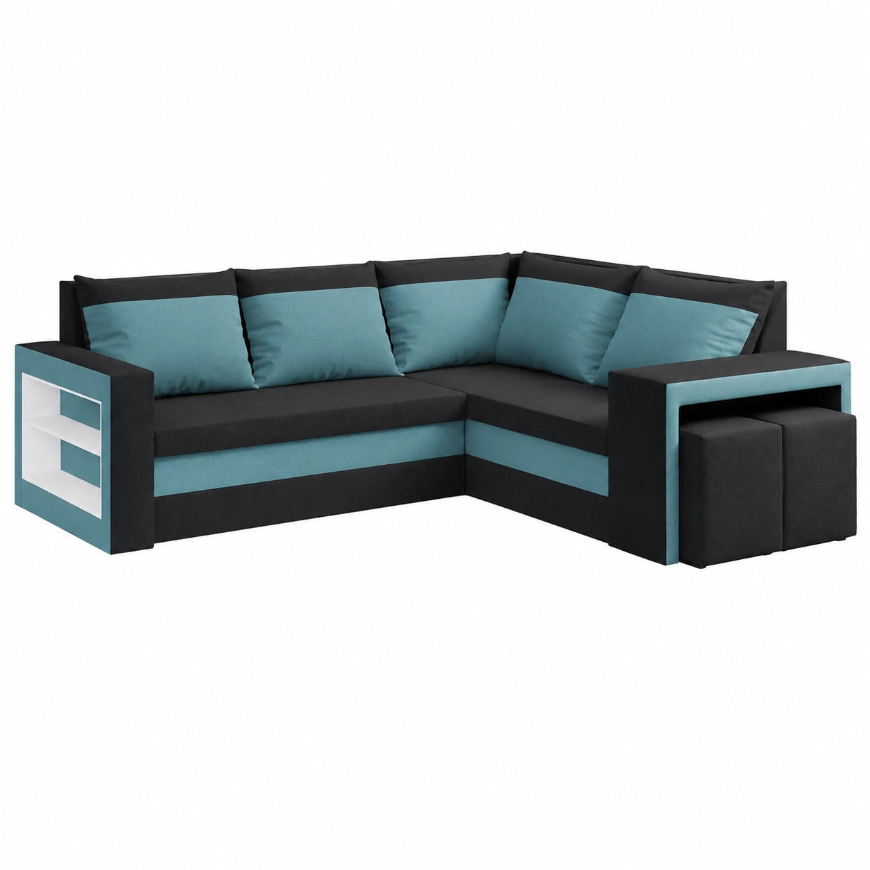 Ecksofa L-Form Malabo mit Bettkasten und Schlaffunktion, inklusive 2 Hocker, Seitenteilverstauraum und Regal, 220x202 cm, Schwarz-Blau