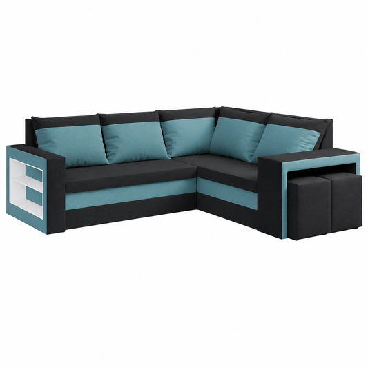 Ecksofa L-Form Malabo mit Bettkasten und Schlaffunktion, inklusive 2 Hocker, Seitenteilverstauraum und Regal, 220x202 cm, Schwarz-Blau