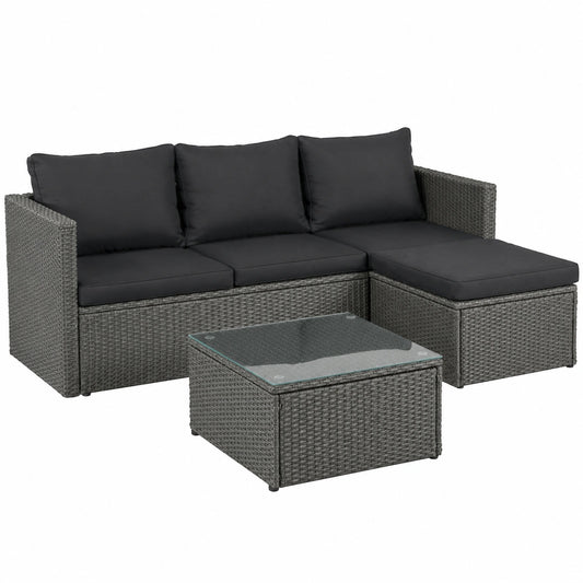 LC Garden Polyrattan Lounge-Set Grau für 4 Personen, Balkon- und Terrassenmöbel inkl. Tisch und Hocker
