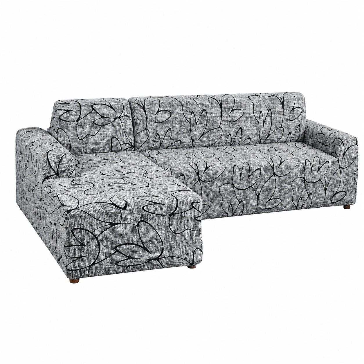 Lydevo Dehnbare Sofahusse für Ecksofa L-Form mit Kissenbezügen, Waschbar und Universell, Graue Blumen, 3- oder 4-Sitzer