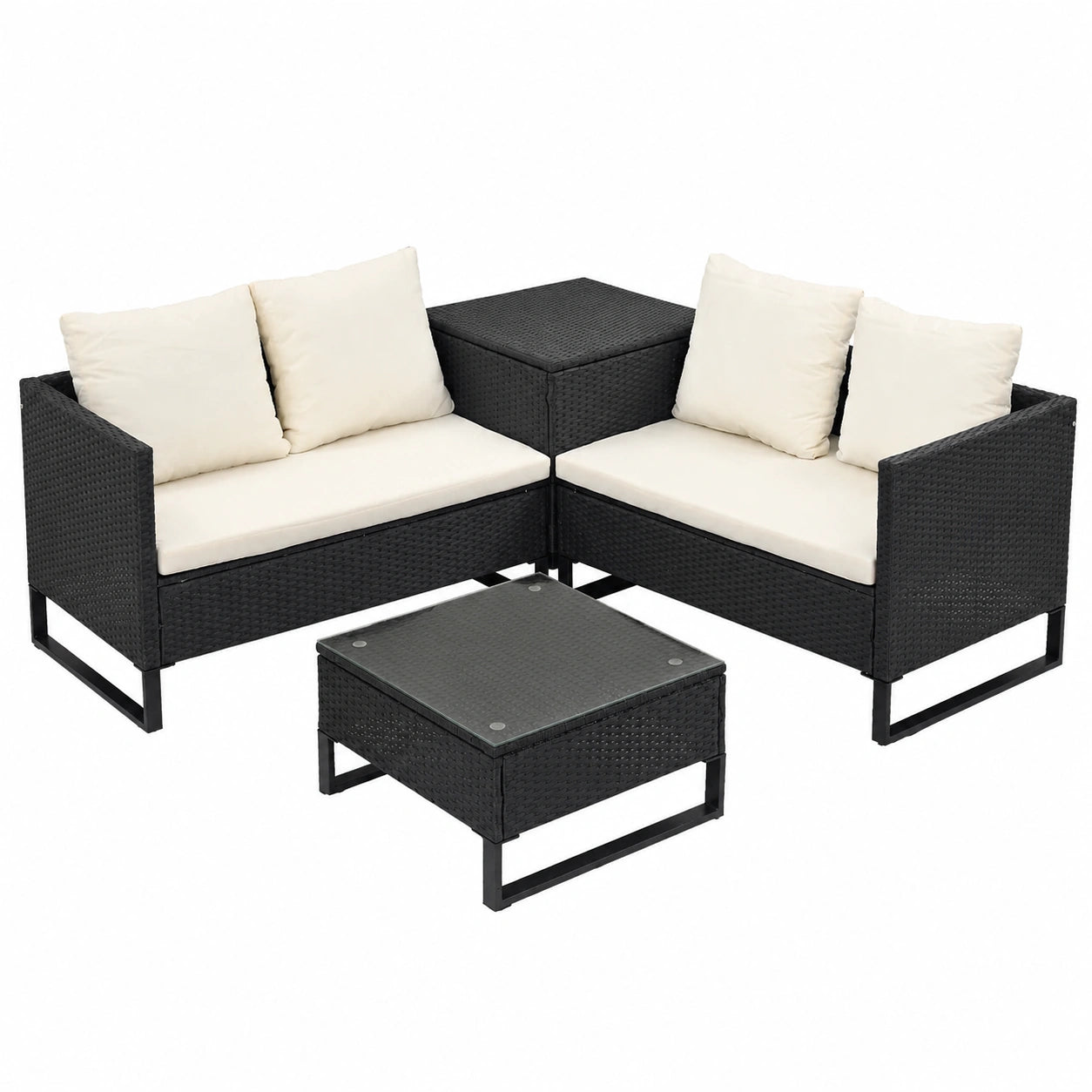 LEADZM Rattan Gartenmöbel Set - Zweisitzer-Sofa mit Couchtisch und Aufbewahrungsbox, Balkonmöbel aus PE-Polyrattan