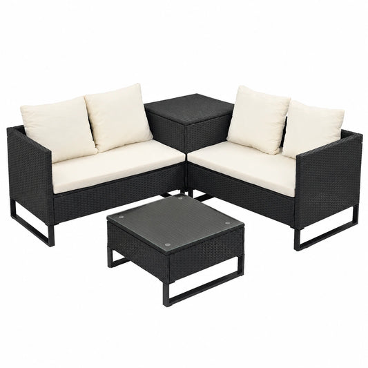 LEADZM Rattan Gartenmöbel Set - Zweisitzer-Sofa mit Couchtisch und Aufbewahrungsbox, Balkonmöbel aus PE-Polyrattan