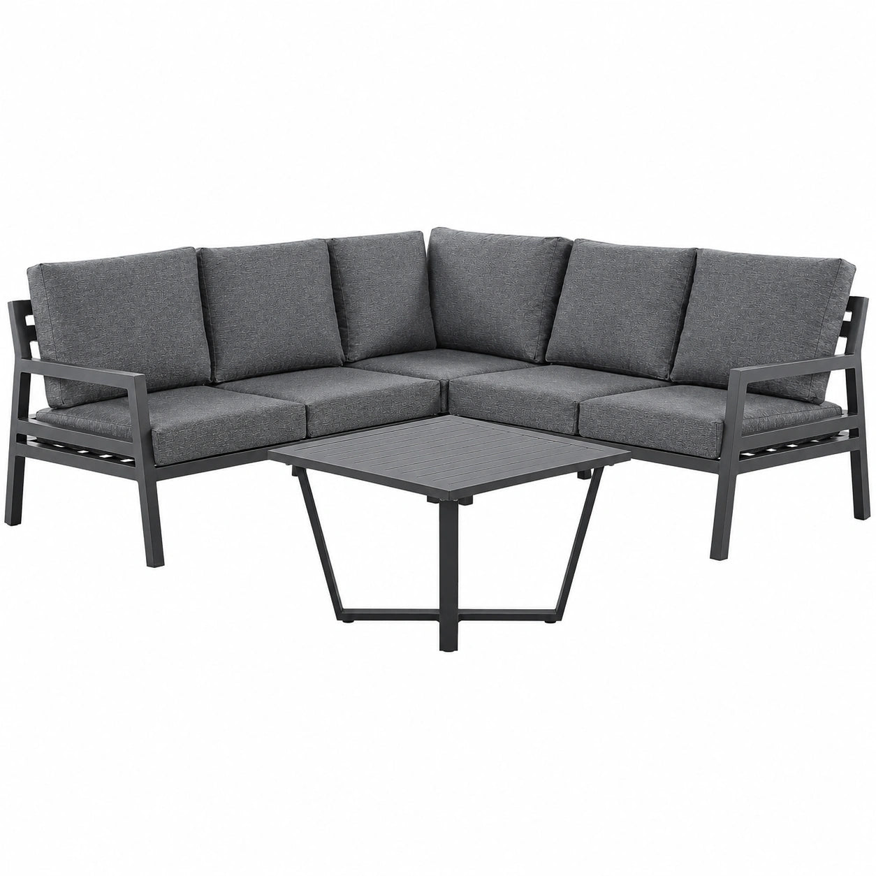 Modulares Gartensofa-Set mit Ecksofa und Couchtisch, Schwarz, Aluminium, Graue Polster