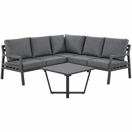 Modulares Gartensofa-Set mit Ecksofa und Couchtisch, Schwarz, Aluminium, Graue Polster