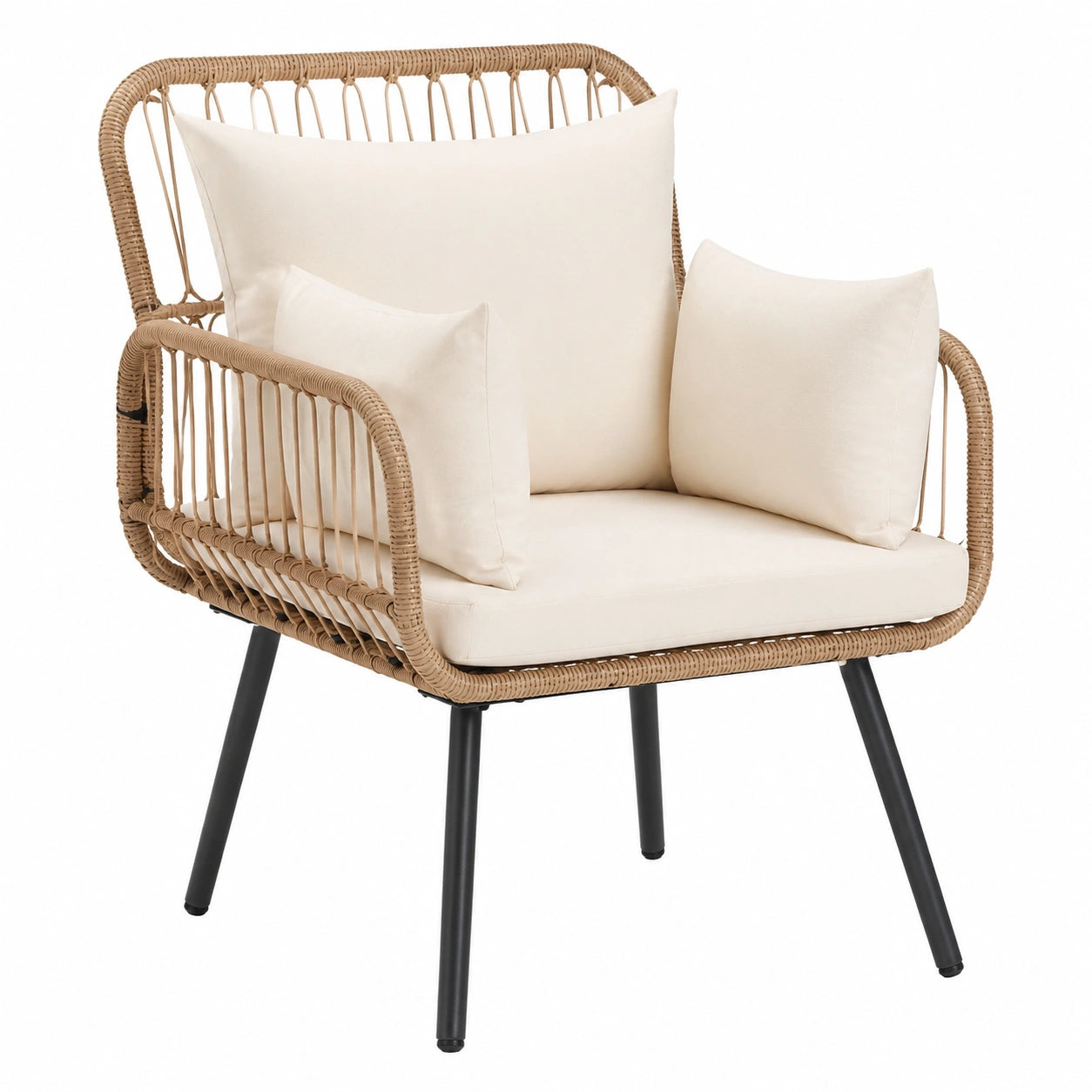 Polyrattan Gartenmöbel Set für 4 Personen, L-förmiges Balkon Sofa mit Tisch und Kissen, Beige Rattan und Weiße Kissen