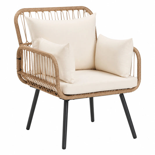 Polyrattan Gartenmöbel Set für 4 Personen, L-förmiges Balkon Sofa mit Tisch und Kissen, Beige Rattan und Weiße Kissen