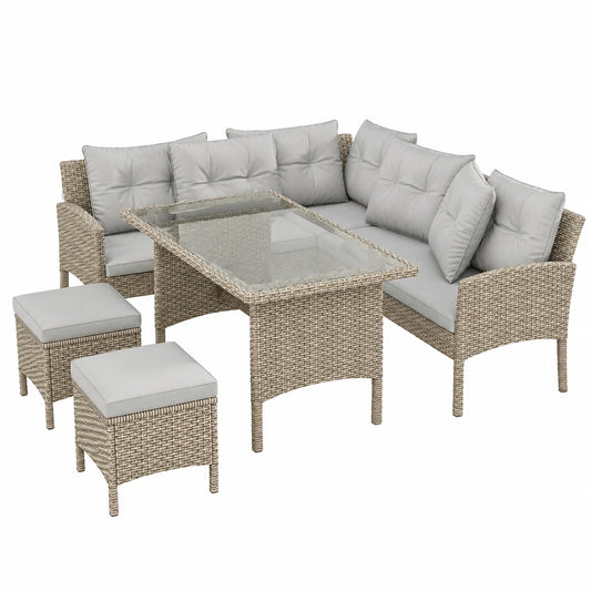 Polyrattan Gartenmöbel Set für 7, Ecksofa mit Esstisch und Hockern, Outdoor Lounge in Khaki