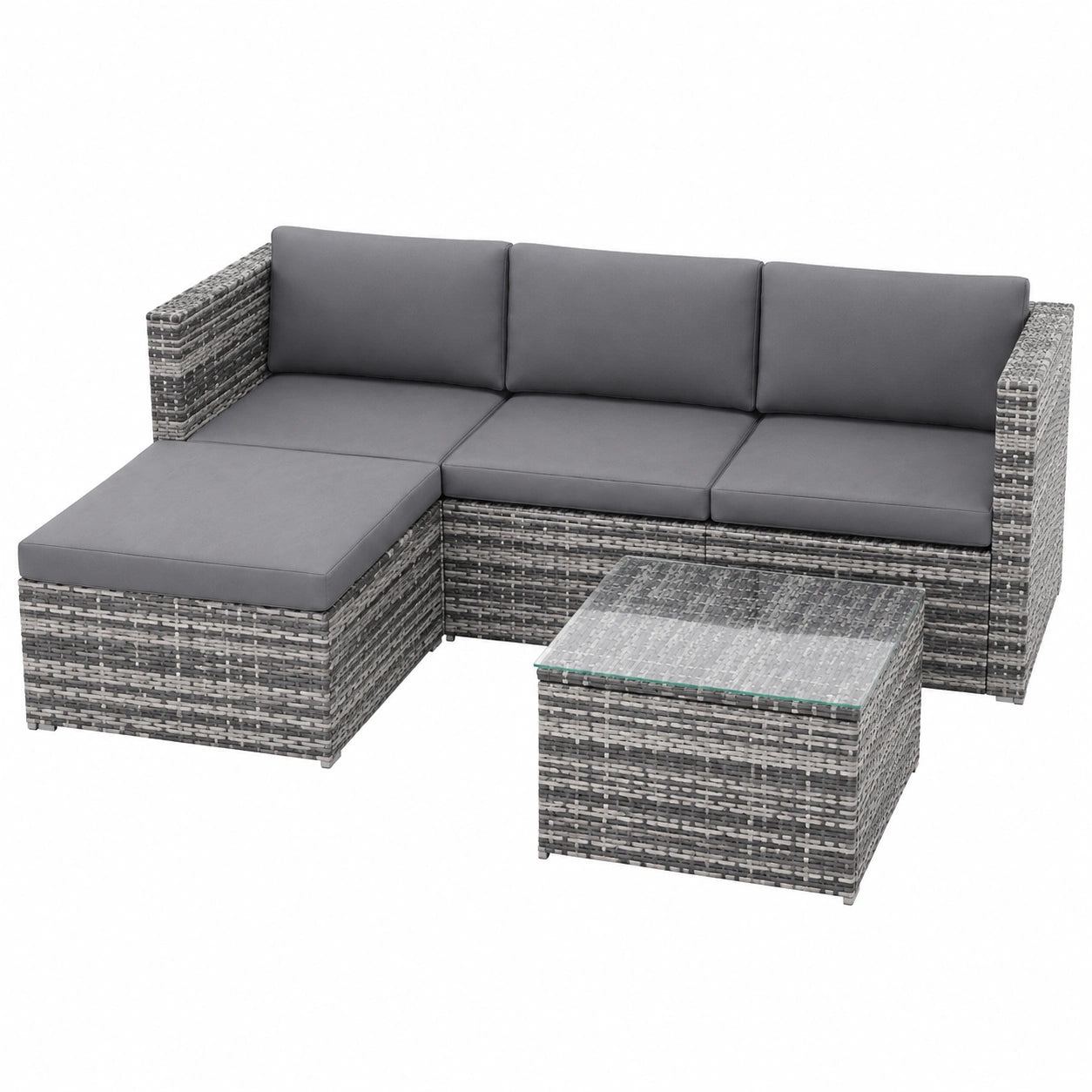 Kehun Rattan Gartenmöbel Set, 3-4 Personen Lounge Sofa mit Glastisch, Outdoor Balkonmöbel in Grau
