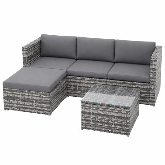 Kehun Rattan Gartenmöbel Set, 3-4 Personen Lounge Sofa mit Glastisch, Outdoor Balkonmöbel in Grau