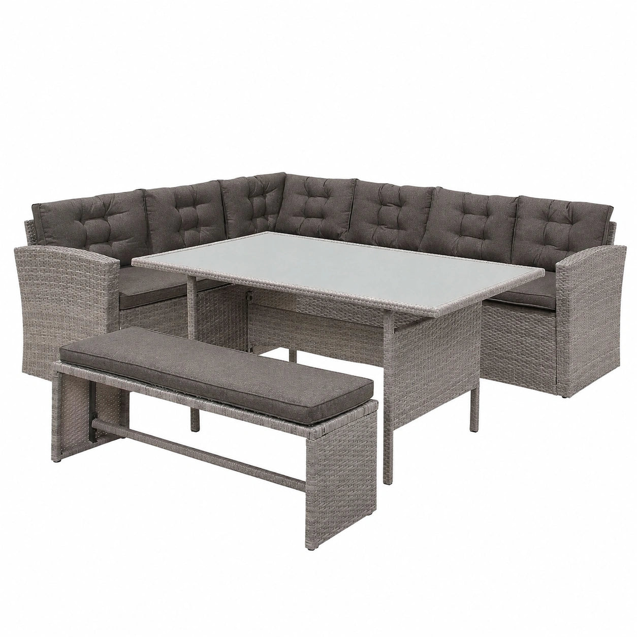 Beliani Modernes Rattan-Gartenmöbel-Set mit Ecksofa, Tisch und Bank in Grau
