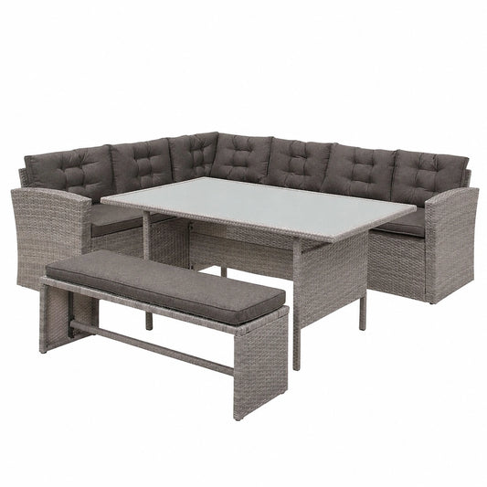 Beliani Modernes Rattan-Gartenmöbel-Set mit Ecksofa, Tisch und Bank in Grau