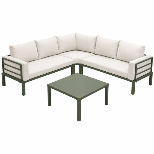 Garten-Lounge-Set für 4–5 Personen mit Ecksofa und Couchtisch, Outdoor-Möbel aus verzinktem Eisen, inklusive Polster und Kissen, Beige